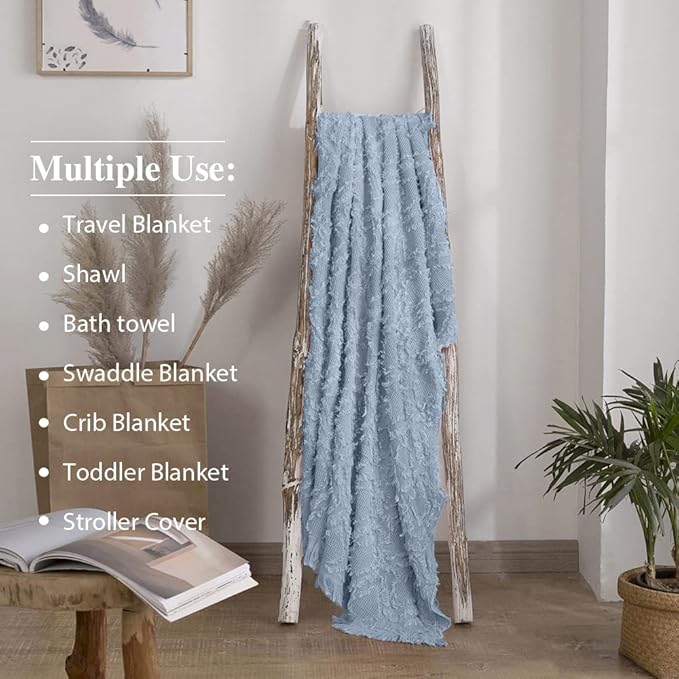 Simple&Opulence Cotton Throw Blanket for Bed, Couch, Boho Textured Geometric Knit Woven Blanket with Tassels Soft, Lightweight Breathable Shabby Chic Farmhouse Decoration for All-Season(Dusty Blue)