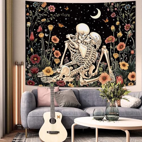Haibimen Skeleton Tapestry Wall Hanging Dark Romance Moon Stars Butterfly Floral Skull Gothic Tapestries for Bedroom Aesthetic Wallpaper Decor for Living Room, Dorm (Black 1, 60''×44'') - color: Black 1, size: 60''×44''