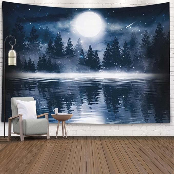 EMMTEEY Moon Tapestry - Dark Forest with Big Moon, Moonlight Smoke Shadow, Cold Night View, Night Sky - 60x40 Outdoor Wall Hanging