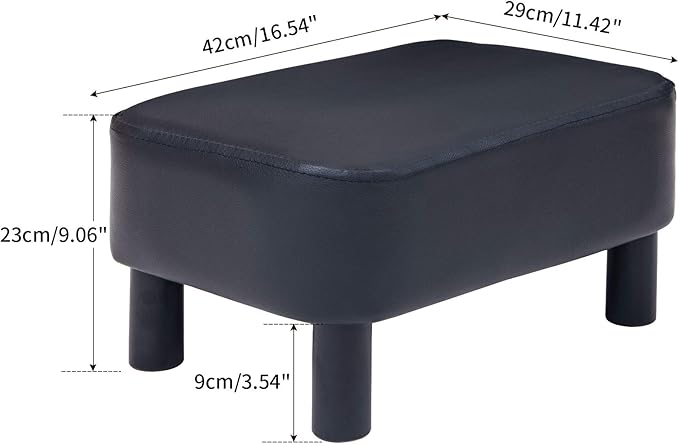 IBUYKE 16.54" Small Footstool, PU Faux Leather Step Stool, with Padded Seat Pine Wood Legs and Padded Rectangular Stool, for Bedroom, Black RF-BD210