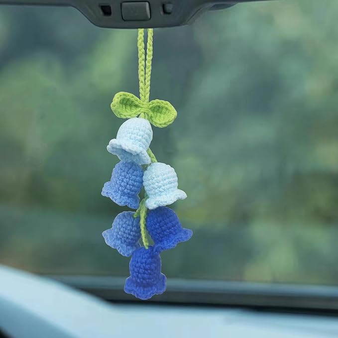 Car Rearview Mirror Hanging Ornament,Crochet Flower Basket Plant Car Accessories,Handmade Knitted Car Ornament Boho Car Accessories for Women (Lily of The Valley(Blue))