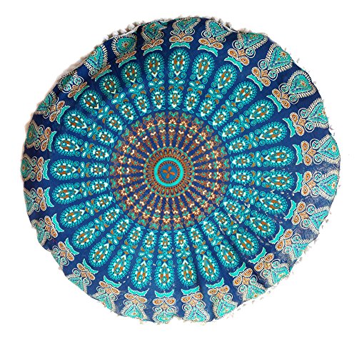 Rastogi Handicrafts 32" COR Mandala Floor Pillow Cushion Seating Throw Cover Bohemian Ottoman Poufs, Pom Pom Pillow Cases,Boho Indian (Blue) - color: Blue