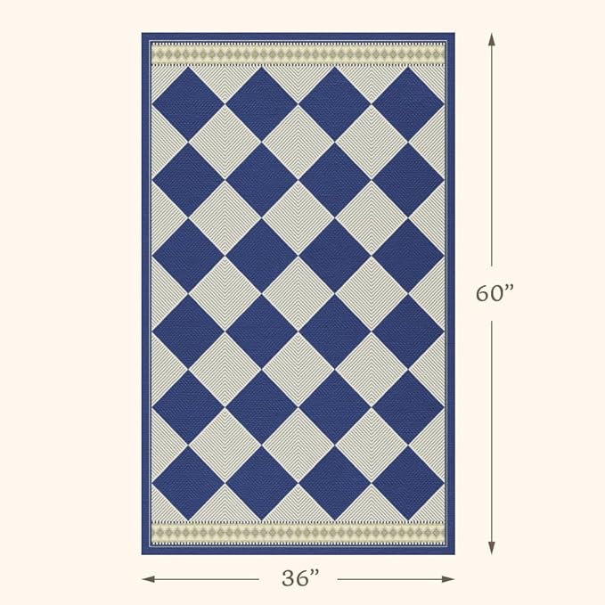 Checkered Easy Jute 3x5 Navy Blue Indoor Outdoor Rugs for Entryway, Washable Non Slip Diamond Boho Coastal Rug for Porch, Modern Minimalist Front Door Mat, Kitchen, Bathroom and Balcony Carpet
