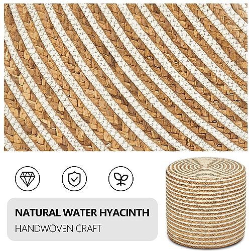 Wimarsbon 2Pcs Pouf Ottomans, Natural Seagrass Foot Stool, Hand Weaving Round Ottoman, Boho Decorative Seat, Jute Braided Pouffe Poof Accent Sitting Footrest for Living Room (18inch 68LI) - color: 18inch Water Hyacinth Braid & White Cotton