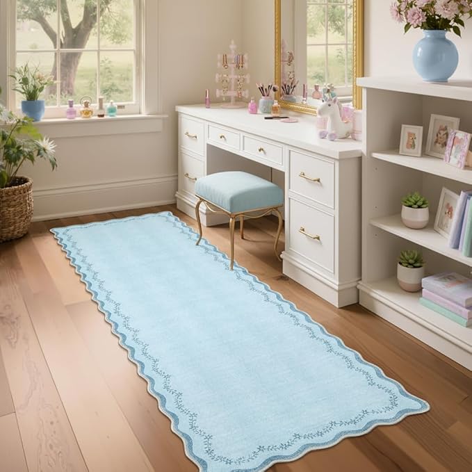 GarveeHome 2x6 Valentines Scalloped Washable Runner Rug for Kitchen, Soft Blue Hallway Runner Non Slip Entryway Rug Farmhouse Thin Laundry Mat Stain Resistant Carpet for Bedroom Bathroom Beside Rug