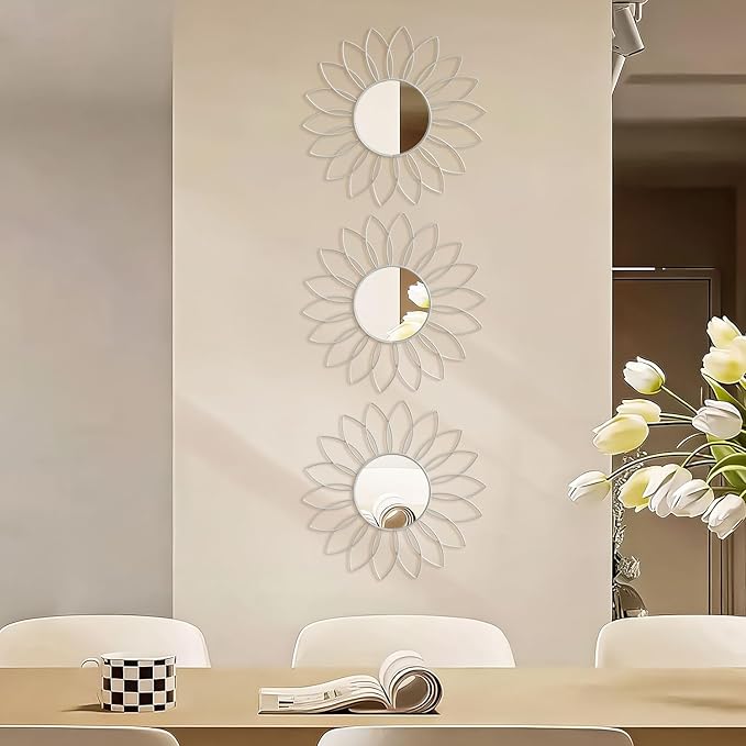 3 Pack Metal Mirrors for Wall Sunburst Wall Mirrors Home Décor Decorative Hanging Wall Art for Living Room Bedroom Entryway (White, Flowers)