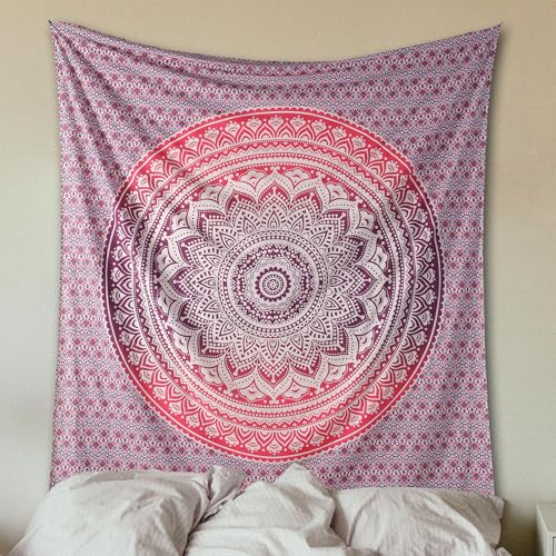 THE ART BOX Pink White Tapestry Mandala Wall Hanging, Cotton Beach Throw Blanket, Boho Decor Bohemian Bedding, Twin Bedspread 55x82 Inches - color: Pink and White, size: 55"L x 82"W