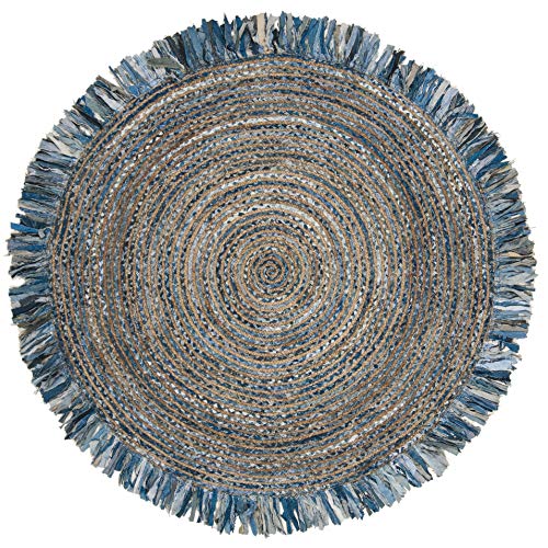 SAFAVIEH Cape Cod Collection Area Rug - 6' Round, Ivory & Denim, Handmade Boho Fringe Jute & Cotton, Ideal for High Traffic Areas in Living Room, Bedroom (CAP206D) - color: Ivory/Denim, size: 6' (Round)