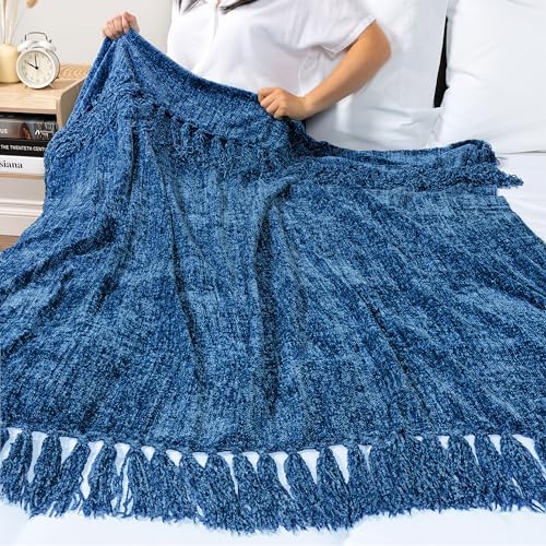 PAVILIA Blue Throw Blanket for Couch, Twin Size Bed, Chenille Throw for Sofa Bed, Soft Knit Woven Decorative Blanket with Tassel for Living Room, Blue Twin 60x80 - color: Blue, size: 60 X 80 Inches - Twin