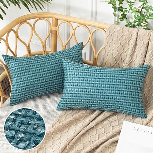 UGASA Outdoor Waterproof Pillow Covers Pack of 2 Weaving Texture Water Resistant Outside Decorative Pillow Cases for Patio Garden Porch Yard Bench Tent 12x20 Inch, Teal - color: Teal, size: 20" x 12" (Pack of 2)
