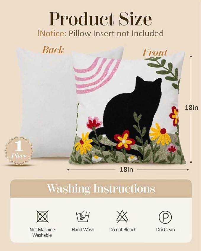JASEN Embroidered Cat Throw Pillow Cover 18x18 Inch - Decorative Cotton Pillow Case for Couch, Sofa, Bedroom, Living Room - Farmhouse Home Aesthetic Housewarming Gifts