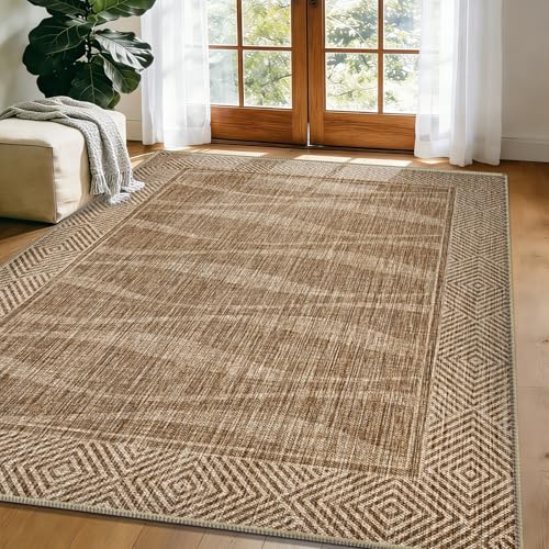 Jute Rug 5x7 Outdoor Patio Rug with Border, Washable Rugs for Living Room, Farmhouse Non Slip Area Rugs with Rubber Backing Indoor Outdoor, Non Shedding Carpet for Bedroom, Courtyard, Light Brown - color: Light Brown, size: 5'x7'