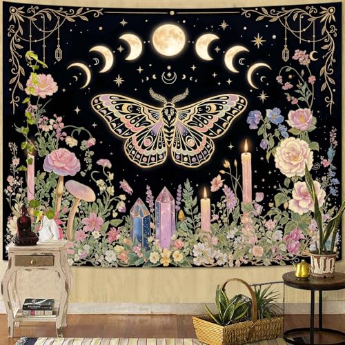 Haibimen Butterfly Tapestry Wall Hanging Moon Phases Floral Candle Crystal Black and Pink Tapestries for Bedroom Aesthetic Wallpaper Decor for Living Room, Dorm (Black 3, 48''×36'') - color: Black 3, size: 48''×36''