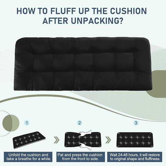 downluxe Outdoor Bench Cushion for Patio Furniture, Waterproof Tufted Overstuffed Porch Swing Cushions, Thick Outdoor Loveseat Cushions, 59" x 18" x 5", Black, Set of 1