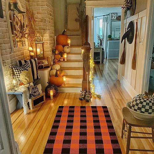 Bottalive Buffalo Plaid Outdoor Rugs, 3'x5' Orange and Black Checkered Indoor/Outdoor Area Rug, Layering Rug for Hello/Welcome Door Mat, Washable Cotton Woven Farmhouse Mat for Fall Front Porch Décor - color: Orange and Black Plaid, size: 3' x 5' (Rectang