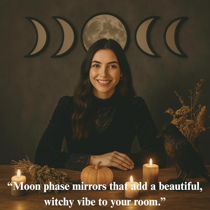 Moon Mirror – Announcing Love Gothic and Boho Home Wall Decor - Glass Moon Phase Mirror Set with Crystal Clear Reflection - Moon Mirror Wall Decor for Living Room Bedroom Nursery