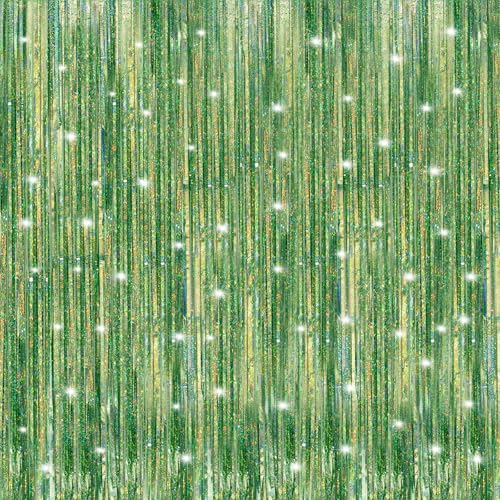 Crosize 2 Pack 3.3 x 9.9 ft Laser Green Foil Fringe Curtains Party Decorations, Laser Green Tinsel Curtain Backdrop for Parties, Door Streamers, Glitter Streamer Backdrop for Birthday Decoration - color: Laser Grass Green, size: 2 Pack