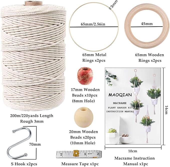 3 in 1 Macrame Kit for Beginners, 3mm x 220yards Cotton Macrame Cord, 3 DIY Macrame Plant Hanger Kits for Adults with Instructions Macrame Supplies Best for Macrame Plant Hanger Kit