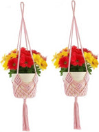 2 Pack Macrame Hanging Planters with Patterns - Stylish Plant Hangers Crochet Boho Plant Holder Hanging Plant Basket for Up to 6 Inch Pots(Pink)