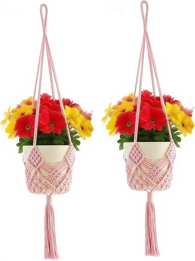 2 Pack Macrame Hanging Planters with Patterns - Stylish Plant Hangers Crochet Boho Plant Holder Hanging Plant Basket for Up to 6 Inch Pots(Pink)