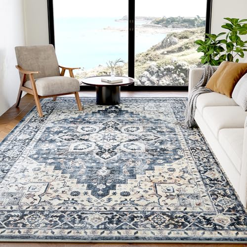 AMADA HOMEFURNISHING 5x7 Area Rugs, Washable Living Room Rug Low-Profile with Non-Slip Backing & Durable Edge Binding, Vintage 5x7 Rugs for Living Room, Bedroom, Dinning Room - color: Blue, size: 5' x 7' (Rectangular)