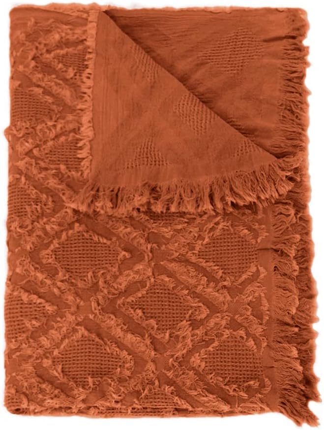 Simple&Opulence Cotton Throw Blanket for Bed, Couch, Boho Textured Geometric Knit Woven Blanket with Tassels Soft, Lightweight Breathable Shabby Chic Farmhouse Decoration for All-Season(Rust Orange)