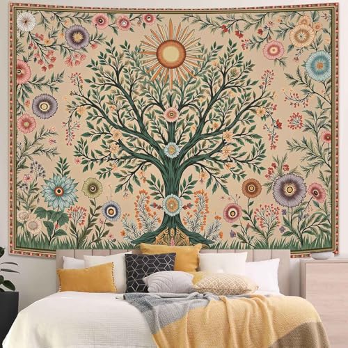 Lunerfex Chakra Tree Wall Tapestry - Celestial Sun & Floral Wall Hanging for Bedroom and Living Room - Boho Spiritual Decor Tapestries 80"x60" - color: Cream Green, size: 80"L x 60"W
