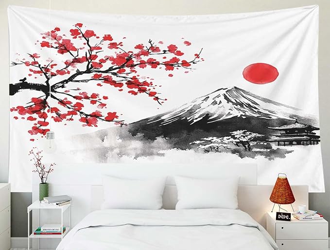 EMMTEEY Mountain Tapestry Modern Wall Decor Big 80X60 Inch-Ink Red Flowers and Fuji Mountain Durable Tapestry for Bedroom