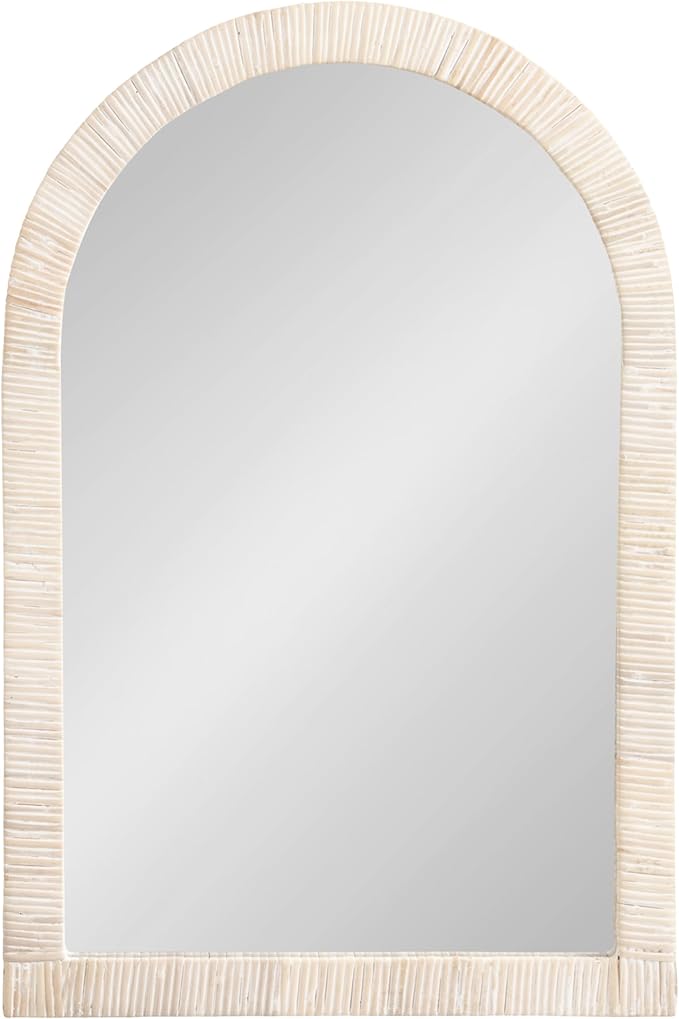 Kate and Laurel Rahfy Boho Arched Rattan Mirror, 20 x 30, White, Decorative Arch Wall Mirror with Authentic Rattan Frame for Vanity Bathroom Mirror