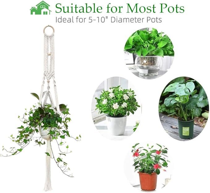 Macrame Plant Hangers Handmade Cotton Rope Flower Pot Holder Boho Theme Indoor Outdoor - Pack of 5 with Ceiling Hooks