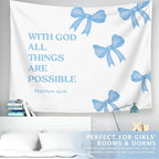 LIANGW Light Blue Bible Verse Christian Wall Tapestry – With God All Things are Possible Bible Blue Bow Aesthetic for Girls Bedroom or Dorm Room,Faith-Based Blue Room Decor Aesthetic, 50x60 Inch