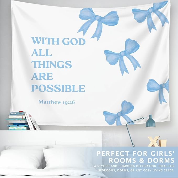 LIANGW Light Blue Bible Verse Christian Wall Tapestry – With God All Things are Possible Bible Blue Bow Aesthetic for Girls Bedroom or Dorm Room,Faith-Based Blue Room Decor Aesthetic, 50x60 Inch
