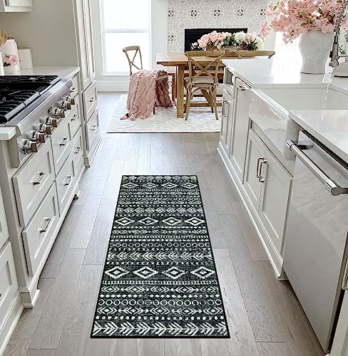 Lahome Washable Rug Runners for Hallways Non Slip, Boho Moroccan Black White 2x5 Hallway Runner Rug with Rubber Backing, Low-Pile Soft Rustic Tribal Print Carpet Runner for Bedroom Entryway Varena - color: Black/White, size: 2' x 5'