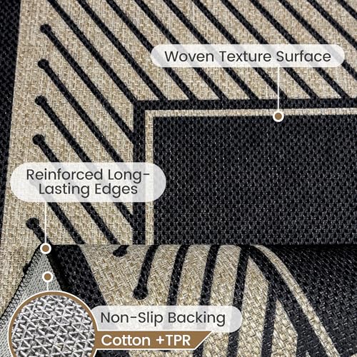 Washable Modern Easy Jute Rug 3x5, Black Outdoor Indoor Patio Striped Neutral Small Bordered Rugs, Woven Non Slip Thin Carpet Mat for Living Bedroom Entryway Front Door Farmhouse Doorway Kids - color: Modern Black, size: 3' x 5'