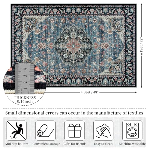 Amearea Vintage Design Navy Blue Area Rugs for Living Room, 4x6 Machine Washable Floral Collection Traditional Bedroom Rug, Low Pile Dinning Room Carpet, No Slip Office Kitchen Home Decor, Navy Blue - color: Dark Blue, size: 4' X 6' (Rectangular)