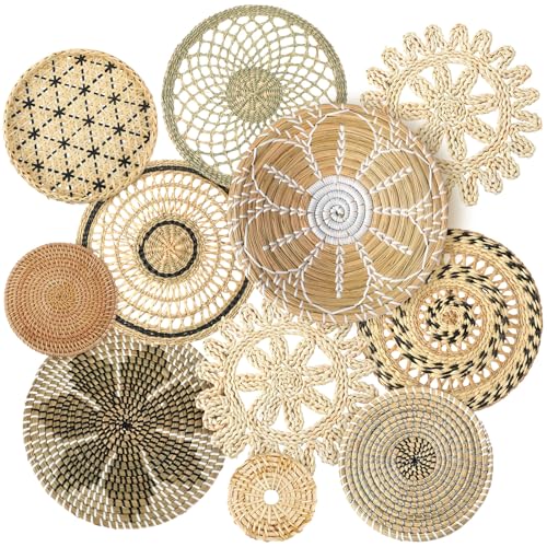 Tatuo 11 Pcs Boho Wall Basket Decor Bulrush Woven Wall Hanging Art Round Farmhouse Rustic Handmade Wicker for Summer Home, Bedroom, Living Room, Kitchen Decorations, Multi Sizes(Vivid) - style: Vivid