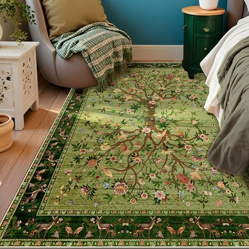 Green Area Rug 3x5 Washable, Non-Slip Small Rug Carpet, Floral Boho Low Pile Soft Throw Rugs for Entryway, Bedroom, Kids Room, Dorm, Office, Nursery, Vintage Home Decor - color: Green, size: 5' x 3' (Rectangular)