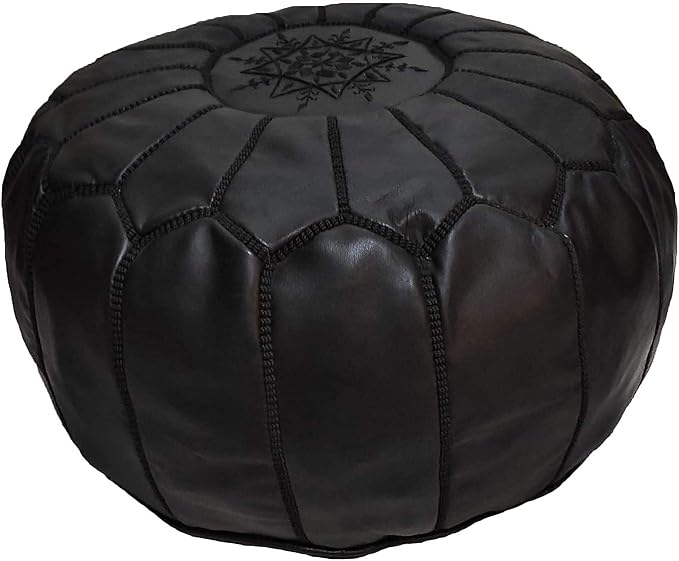 ARTOUARZAZATE Premium Moroccan Leather Pouf Cover, Ottoman Footstool Hassock 100% Real Natural Leather pouffe, Home Gifts, Wedding Gifts, Foot Stool (All Black)