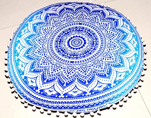 CRAFT KALA Mandala Floor Pillow Cushion Cover Seating Throw Cover Hippie Decorative Bohemian Ottoman Poufs Pom Pom Pillow Cases Boho Indian Cotton Living Room Yoga Home Décor (24" Round, Blue Ombre) - color: Blue Ombre, size: 24" x 24" (Pack of 1)