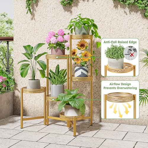 6 Tiered Plant Stand Indoor for Multiple Large Planter, Tall Heavy Duty Adjustable Folding Rack with Rustproof 7.9 Inch Wide Tray, Plant Shelf for Corner Living Room - GoldWave - color: GoldWave, size: 6-tiers