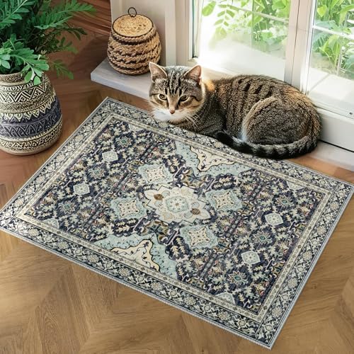 AMTOVO 2x3 Washable Entryway Area Rug Door Mat, Vintage Boho Distressed Print Pattern Non-Slip Carpet, Small Throw Rug for Indoor Entrance Kitchen Bedroom Bathroom Laundry Floor, Grayish Blue - color: Grayish Blue, size: 2' x 3' (Rectangular)