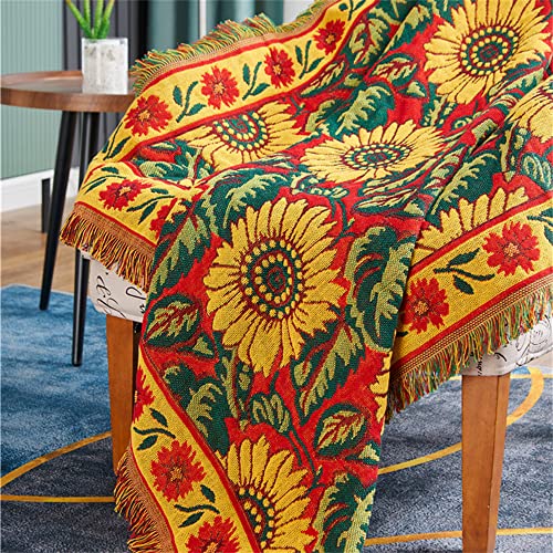 Red Sunflower Throw Blanket with Fringe Boho Throw Blankets Recliner Chair Couch Sofa Cover Woven Reversible Cotton Bohemian Tapestry Hippie Room Home Decor Double Side 50"x70" - color: Red Sunflower, size: 50x70inch