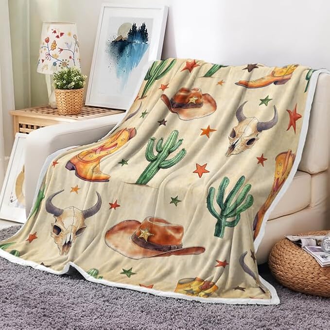Western Cowboy Blankets, Wild West Flannel Throw Blanket, Soft, Flannel, Warm, West Cowboy Cactus and Cowboy Hat Throw Blanket Decor Rustic Cowboy Bed Blankets for Bedroom 50X60 Inch