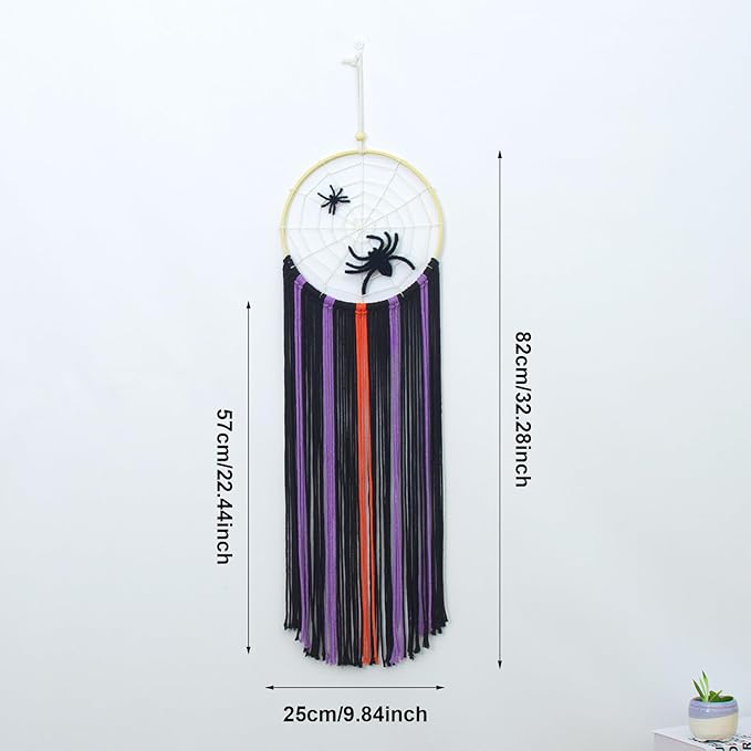 EOBTAIN Halloween Macrame Wall Hanging,Spider Web Dream Catchers,Black Purple and Orange Tassels Pure Cotton Cord Textile Wall Art,Halloween Decorative Woven Tapestry for Home Decor,9.8x32.8 Inch