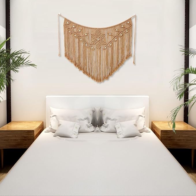 Youngeast Home Decor Leaf Shape Macrame Wall Hanging Woven Tapestry Bedroom Curtain Fringe Garland Banner Living Room Wall Decor Brown 39X31 inches