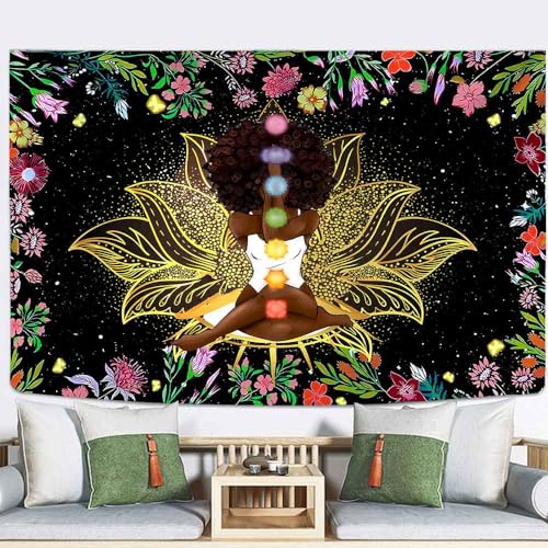 Ine Ive African Chakra Tapestry African American Woman Zen Meditation Tapestries 60x40 Inch Starry Sky Flower Garden Inspirational Afro Yoga Wall Art Poster for Bedroom Dorm Decor - size: 60"L x 40"W