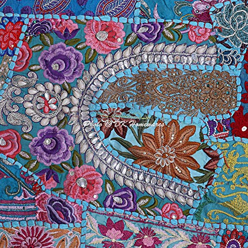 Indian Bohemian Floor Cushion Extra Large Turquoise 40 Inch Patchwork Living Room Pouffe Footstool Home Decor Embroidered Vintage Cotton Round Floor Pillow Bohemian 40x40