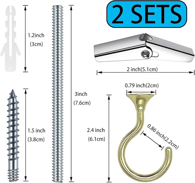 2 Sets Heavy Duty Swag Ceiling Hooks with Hardware for Hanging Plants, Cavity Wall Fixing, Easy Installation, Holds Up to 30lbs, Ideal for Home & Garden (2 Sets, Gold)