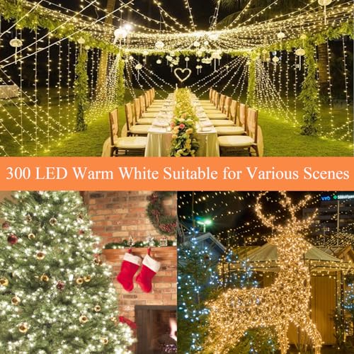 115FT 300LED Warm White Christmas String Fairy Lights Indoor/Outdoor, Waterproof with 8 Modes, Clear Wire Plug in Twinkle Light for Outside Garden Bedroom Christmas Tree Decorations - color: Warm White, size: 300LED