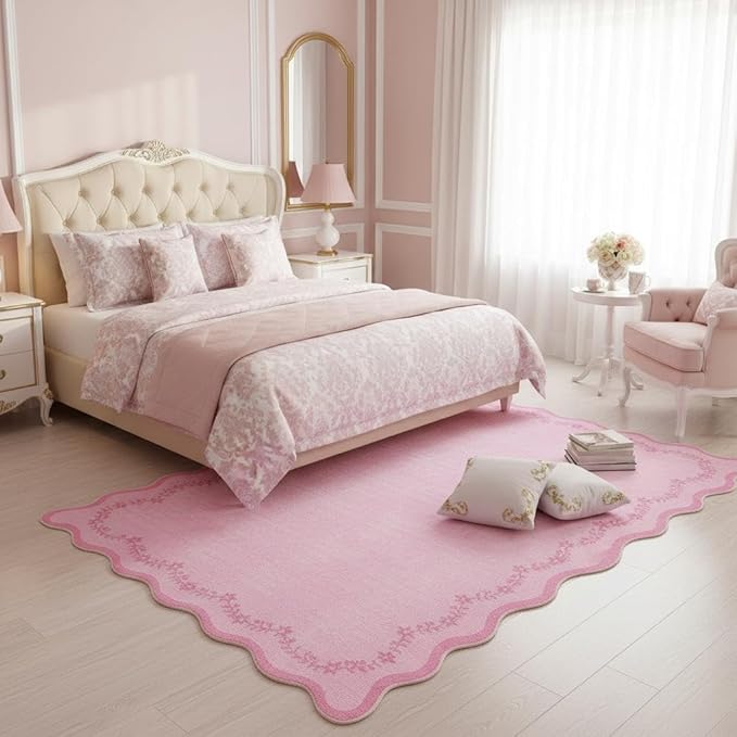 GarveeHome 5x7 Valentines Scalloped Area Rug Pink Washable Rugs for Living Room Bedroom, Soft Low Pile Non Slip Accent Floor Mat Solid Floral Print Throw Rug Farmhouse Indoor Carpet for Dorm Playroom